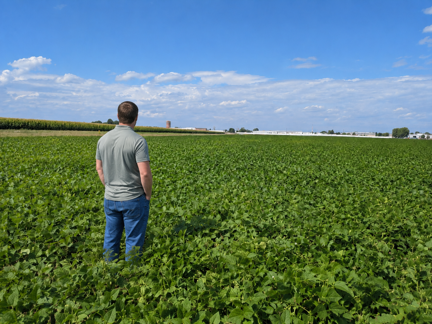 Man overlooking Bean Field